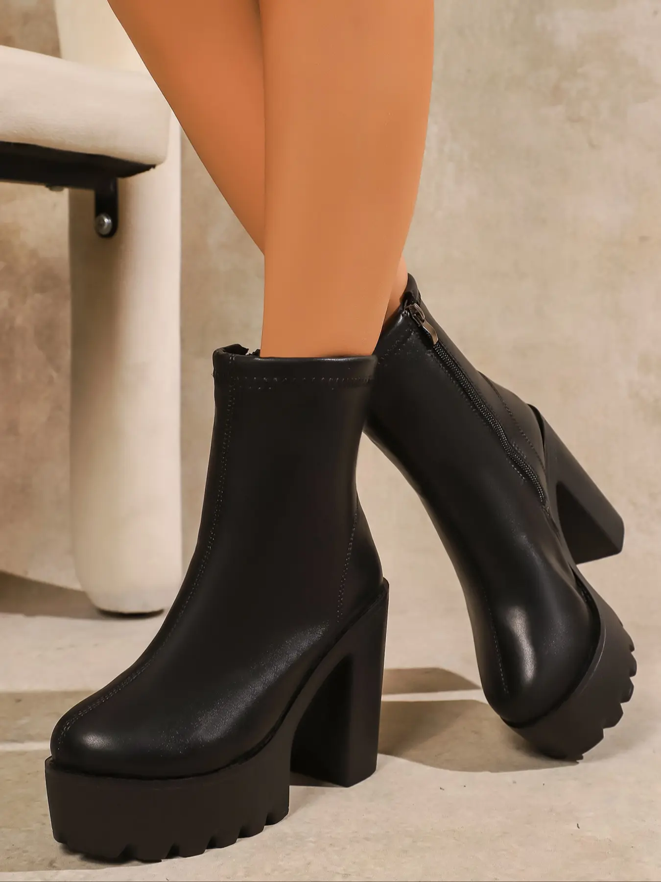 Women's black ankle boots with chunky platform and block heel, sleek solid color style, autumn and winter footwear, comfortable and stylish walking shoes, versatile casual boots, trendy seasonal transition fashion boots, Round Toe Boot