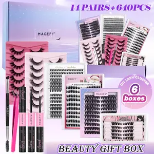 MAGEFY Cluster Lash Extension Gift Set, Eyelash Extension, Eyelash Extensions Set, Natural Styles, Extra Volume, Soft & Lightweight, Includes Glue, Tweezers & Brush, DIY at Home