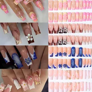 96pcs Medium Square French Press-On Nails, 3D Gel Petals Leopard Print Pearl Design, Glossy Acrylic Tips, Flower Design Nails for Women and Girls, Diy Nail Art