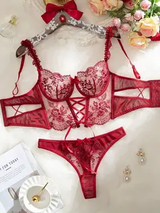 [HANOVER] 2pcs Women's Sexy Floral Embroidery Mesh Bow Decor Lingerie Set Red Lace Lingerie Set Sexy Underwear Set Burgundy Lingerie Set Red Underwear Set Lace Lingerie