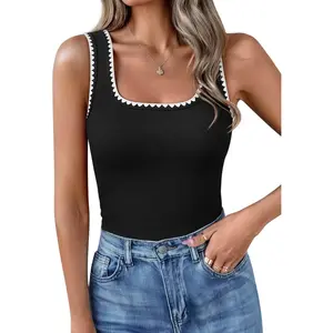 Yousify Women's Square Neck Tank Tops 2025 Summer Sleeveless Shirts Casual Slim Fitted Color Block Ribbed Tanks for Vacation Beach Home Workout Daily Wear