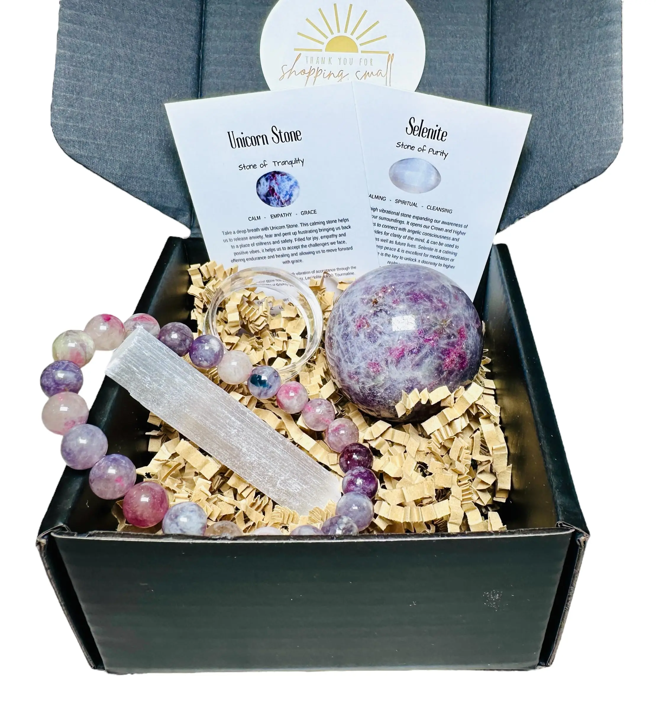 Unicorn Crystal Stone Sphere Gift Set with 8mm Unicorn Stretch Bracelet & Selenite Zen Decor Crystals Relaxation Crystal Carving Metaphysical Stone of Tranquility (01~112g ~ 1.68"H/42.7mm)