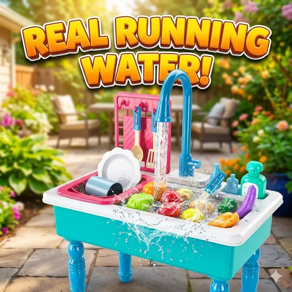 Play Kitchen Sink Toy for Toddlers 3+ with Running Water and Play Food for Pretend Cooking table