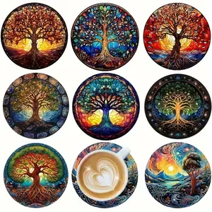 8-piece set of wooden Tree of Life coasters - artistic Aesthetic wooden coasters with anti slip base, used for desktop protection, heat-resistant and anti slip mats, essential for kitchen Tableware and home decoration