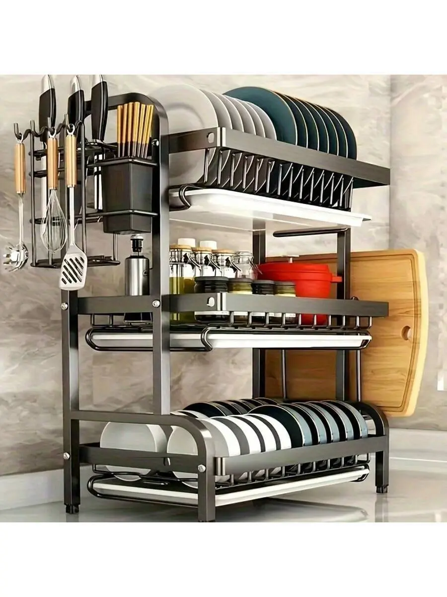 Three-Tier Space-Saving Kitchen Countertop Cutlery Rack, Metal Kitchen Countertop Storage Rack And Shelf With Cutting Board, Large-Capacity Cutlery Drainer, Ideal For Storing Cutlery, Knives, Spoons, And Forks, Black