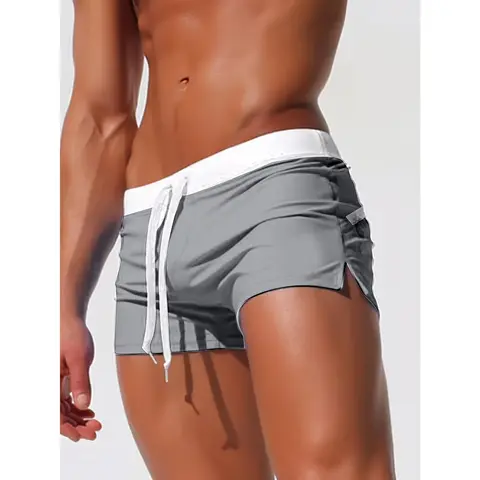 Men'S Solid Color Swim Trunks, High Stretch Knit Fabric, Polyamide 82% & Elastane 18%, Skinny Fit with Drawstring, Side Zipper Pockets, Modest Style for Beach & Vacation