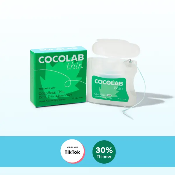 COCOLAB Cocofloss Thin, 30% Thinner & Dentist-Designed For Tight Gaps and Dental Work, Same Scrubby Texture, Plaque Removal, Breath Freshening Woven Dental Floss