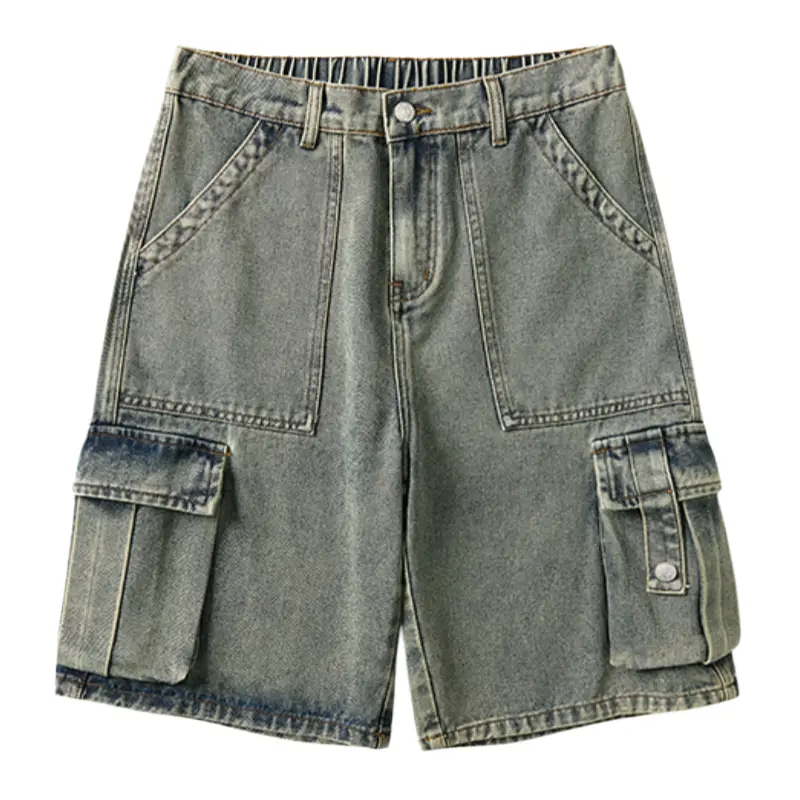Men's Vintage Washed Cotton Blend Denim Knee-Length Cargo Shorts - Partial Elastic Waist, Button Closure, Multi-Flaps Side Pockets, Contrast Stitch, Distressed Fade, Machine Wash Summer Hip Hop Street Casual Bottoms For Daily Dating, Slim-Fitting, Buttons