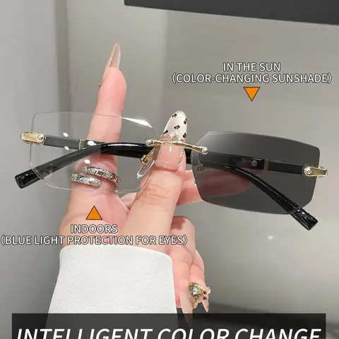 Unisex Frameless Photochromic Rectangular Sun Protective Color Changing Sunglasses with Alloy Frame, Ideal for Daily Wear, School, TV Watching & Halloween Costumes, Trendy Rectangle Sunglasses, Fashionable Sunglasses