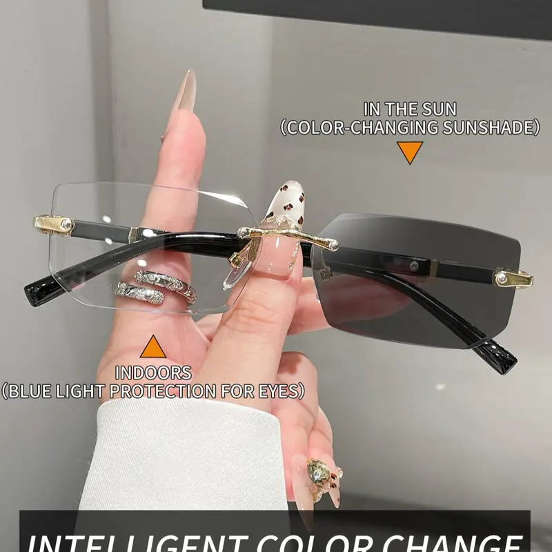 Unisex Frameless Photochromic Rectangular Sun Protective Color Changing Sunglasses with Alloy Frame, Ideal for Daily Wear, School, TV Watching & Halloween Costumes, Trendy Rectangle Sunglasses, Fashionable Sunglasses
