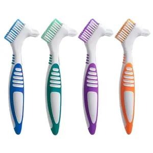 Denture Brush 4Pcs Denture Toothbrushes, DentureCleaning Care Cleaning Brush, Double Sided Toothbrush,Multi-Layered Bristles and Rubber Anti-Slip Handle (Purple,Green, Blue, Orange)