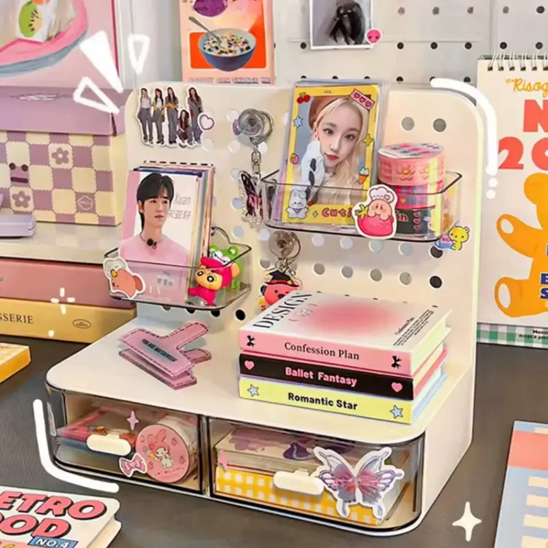 Desk Organizer Mini Storage With Pegboard & Drawers Kawaii Cute Minimalist Kpop Room Decor