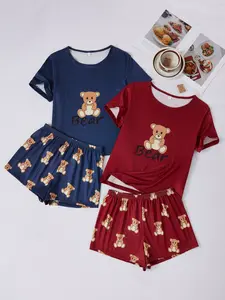 Navy & Wine Red Bear Print Pajama Set, Cute Age-Reducing Breathable High-Elastic Short-Sleeve Top & Shorts Loungewear Nightwear Pyjamas