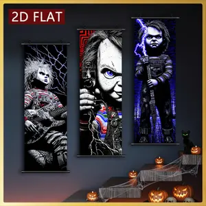 2D/FLAT-3pcs Halloween Horror Movie Character Artistic Decorative Paintings HD Printing Plastic Scroll Wall Art Doll Theme Home Decor Odorless Anti-Fade Ink Artwork Suitable for Living Room Bedroom Holiday Atmosphere Decoration