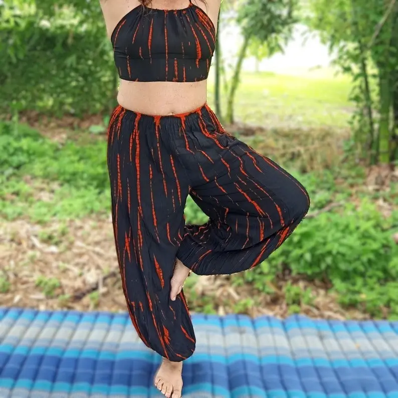Tie Dye Harem Pants Tribe Loose and Baggy Joggers with Elastic Waist and Ankles 100% Silky Rayon Matching Halters for Comfort