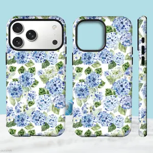 Cute Blue Hydrangea Girly Aesthetic Summer Spring Flowers Pattern Phone Case for iPhone 17 Pro Max 17Air 16 Plus 15 14 13 12 11 Shockproof Durable 2 in 1 Protective Cellphone Casing Cover