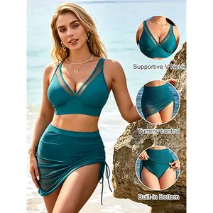Mesh Sarong Wraps Bathing Suits Womens High Waisted Tummy Control Bikini Sets Mesh Swimsuits #SwimWeek