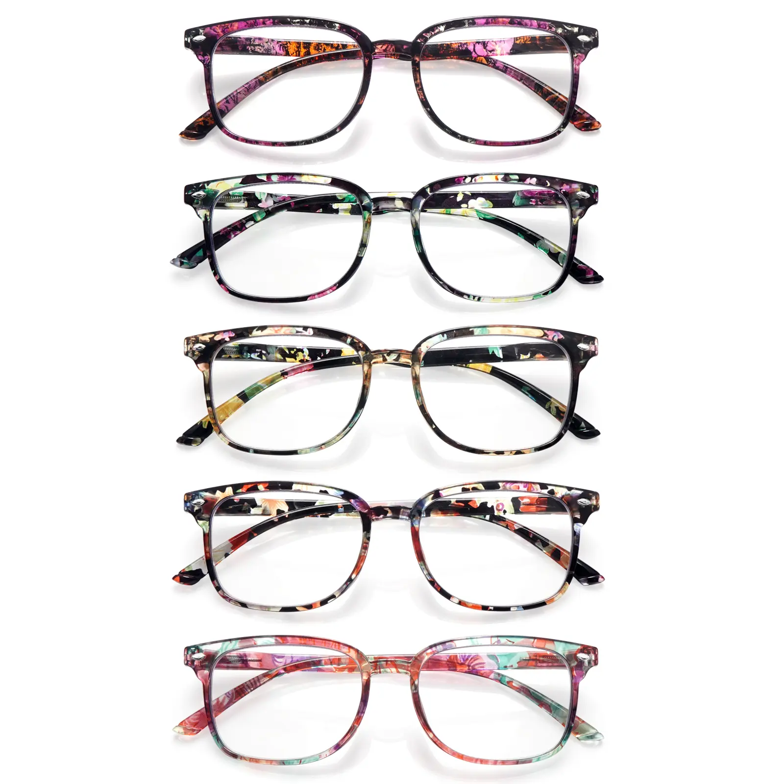 5-Piece Set Of Fashionable Retro-Print Blue Light Blocking Reading Glasses Colorful Patterns, Rectangular Frames, Durable Lenses, And Spring Hinges That Suit a Variety Of Face Shapes. A Stylish Accessory Perfect For Everyday Wear And Casual Occasions.