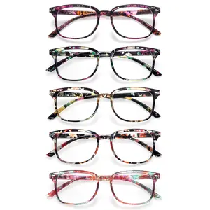 5-Piece Set Of Fashionable Retro-Print Blue Light Blocking Reading Glasses Colorful Patterns, Rectangular Frames, Durable Lenses, And Spring Hinges That Suit a Variety Of Face Shapes. A Stylish Accessory Perfect For Everyday Wear And Casual Occasions.