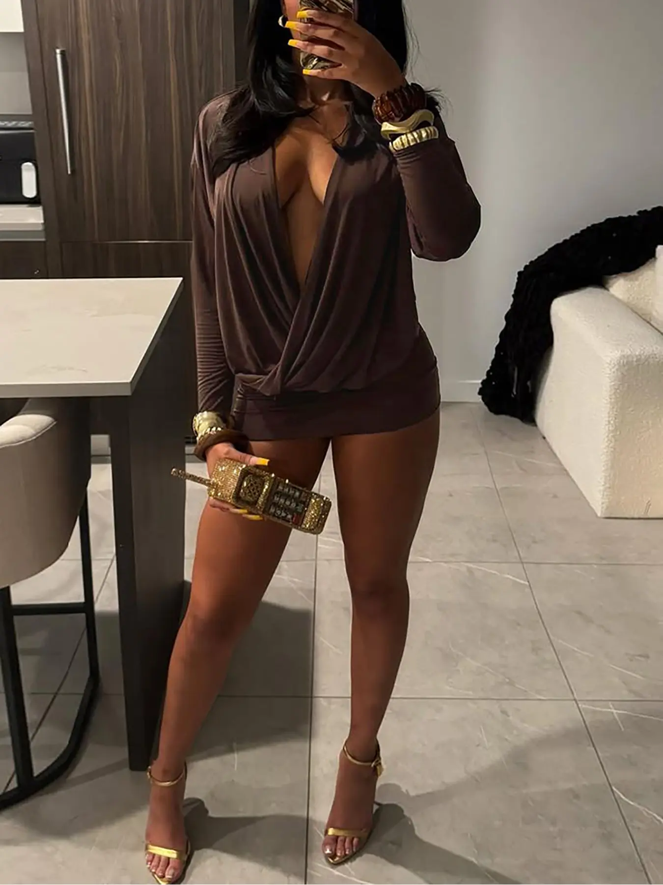 Women's Sexy Deep V Neck Long Sleeve Bodycon Dress, Plain Fashionable Slim-Fit Fall, Versatile and Stylish Design, Elegant Fitted Dresses