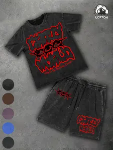 Vintage Y2K Acid Wash Streetwear Set - Heavyweight Graphic Tee & Shorts 2-Piece Outfit | Gothic Punk Eye Print | Men’s Oversized Summer Urban Sportswear