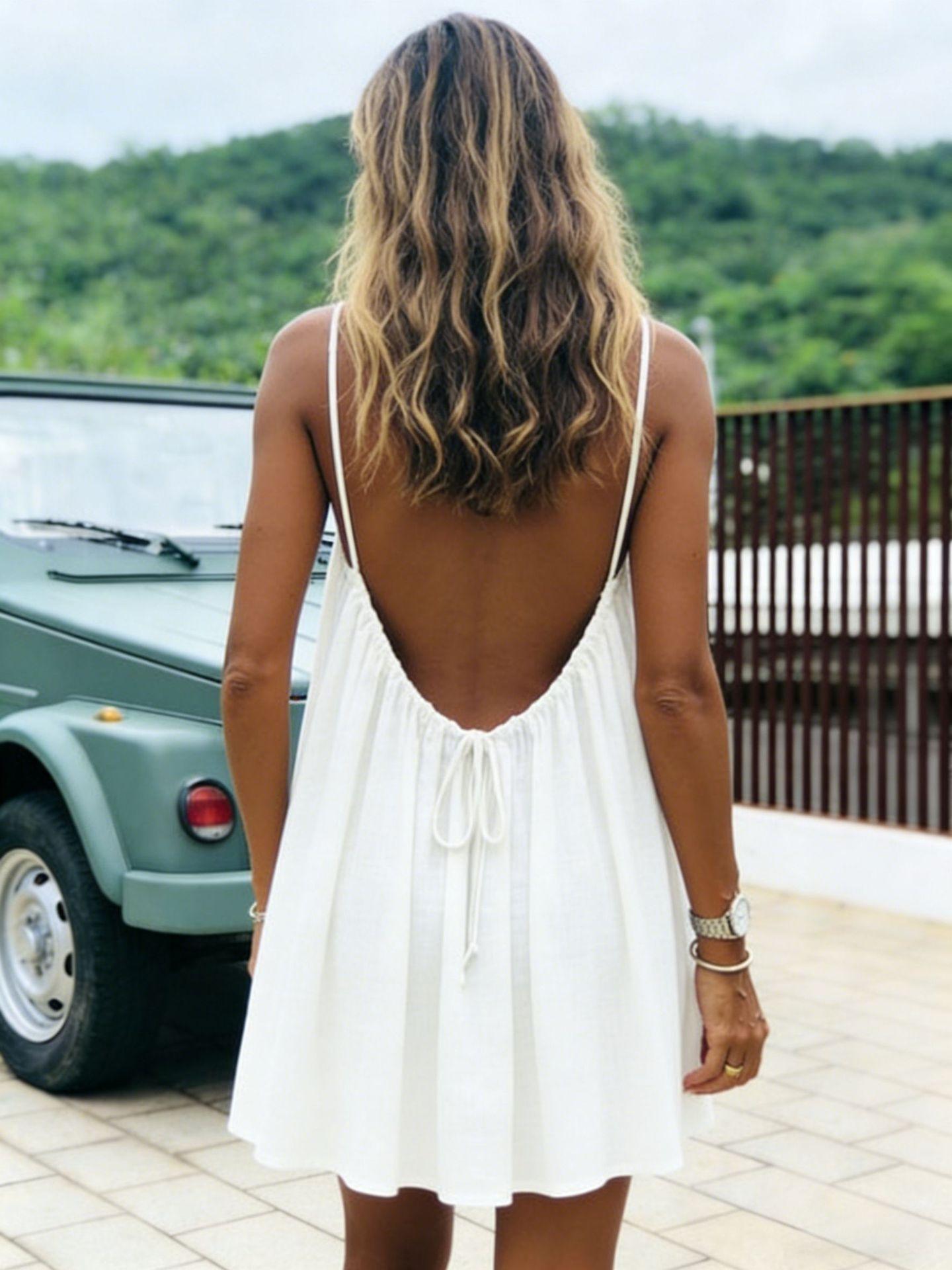 Backless Cami Dresses for Women Cami Lounge Dress Backless Solid Color Sleeveless House Dress Long Sundress with Back Tie