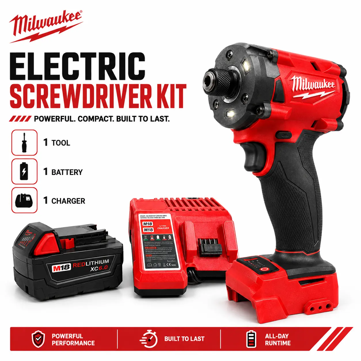 Milwaukee 18V Lithium Brushless Motor Cordless Impact Drill - High Torque Tool with Included Batteries, Cable, Compact Design for DIY Drilling Tasks