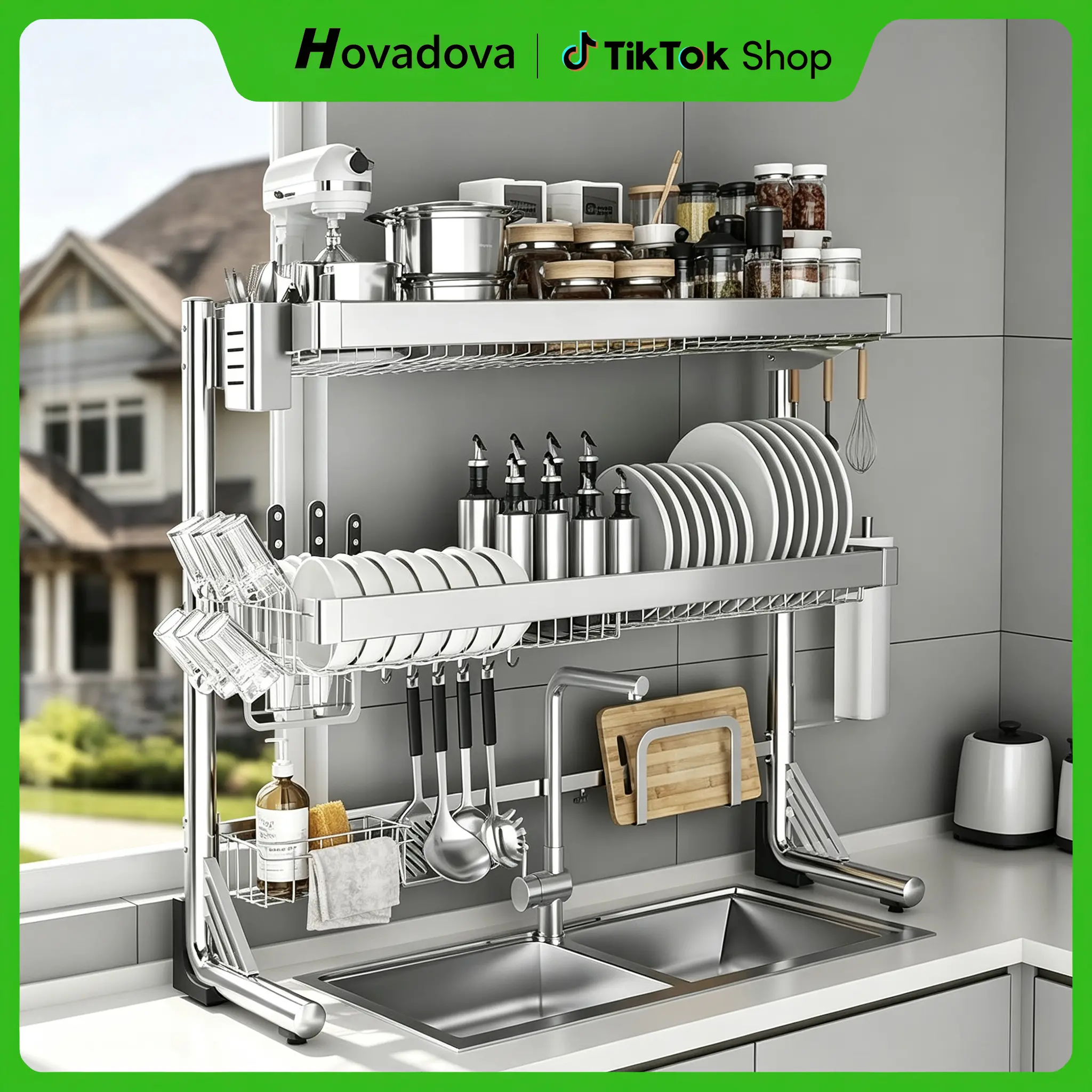 3-Tier Full Stainless Steel Over-The-Sink Dish Drainer Drying Rack with Flat Grid, Adjustable Length 20.9"-37.4", Space-Saving Kitchen Sink Shelf for Busy Kitchens