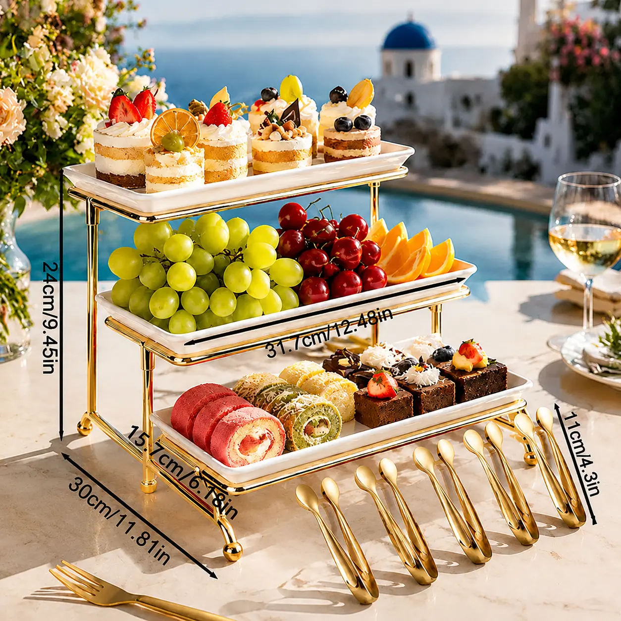 3 Tier Serving Stand, Gold Metal Afternoon Tea Stand with Rectangular Trays, Elegant Tiered Dessert Display Tray for Fruit, Pastry, Wedding & Party Buffet