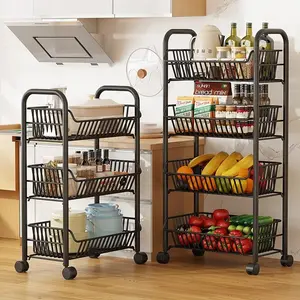 Modern Carbon Steel Storage Rack with Wheels, Durable Steel Stand, 3 Layer/4 Layer/5 Layer Kitchen Floor Standing Organizer, Food Storage for Kitchen Balcony Bedroom