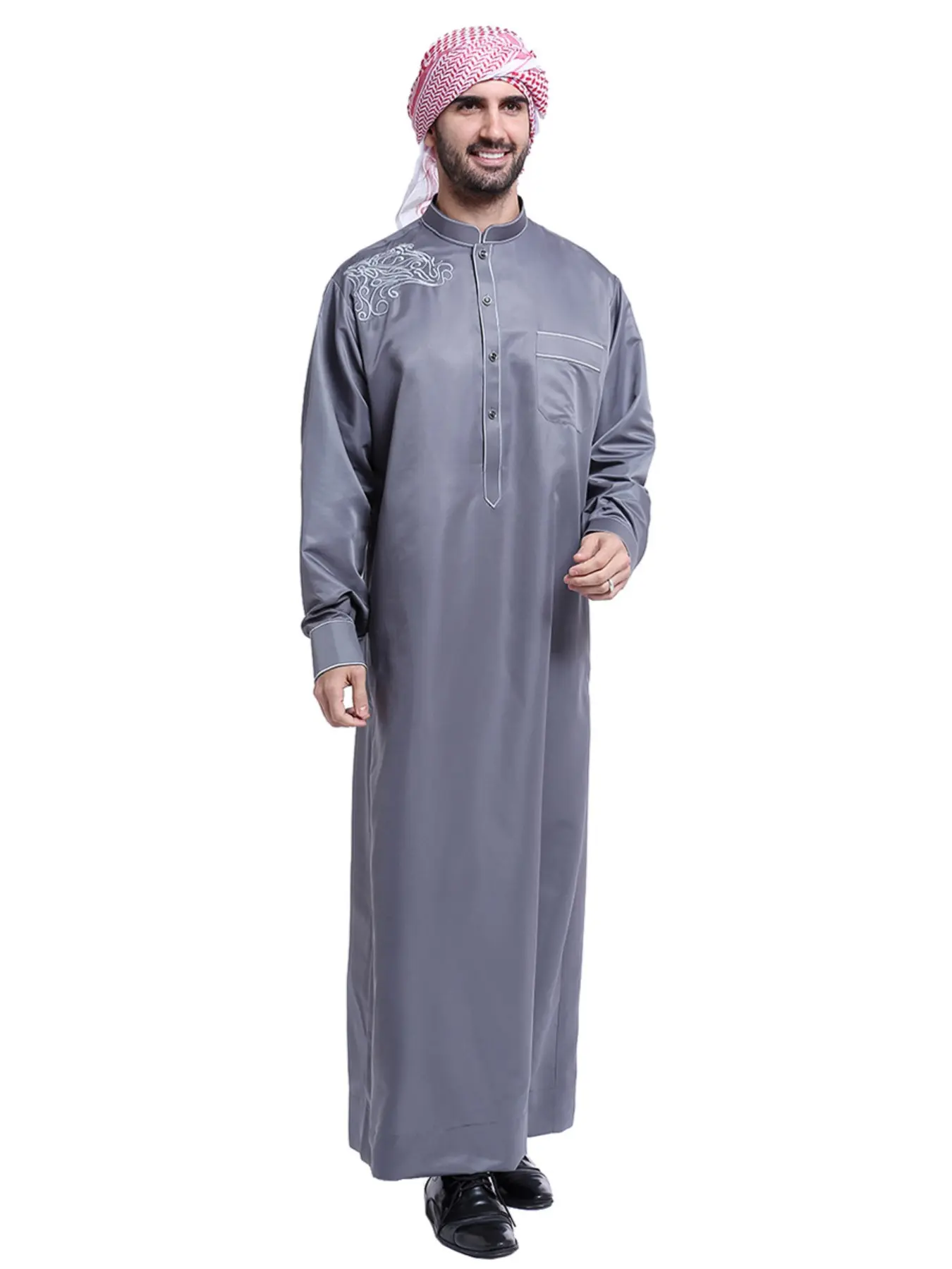Classic Muslim Embroidered Moroccan Arab Robe, Modesty Thobe, Traditional Festival Clothing, Men's Casual Robe with Silver Color Embroidery