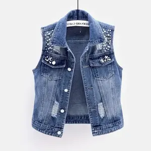 Women Denim Vest Luxury Pearls Fashion 2025 Spring Autumn Jeans Jacket Sleeveless Loose Short Coat Waistcoats Streetwear Female