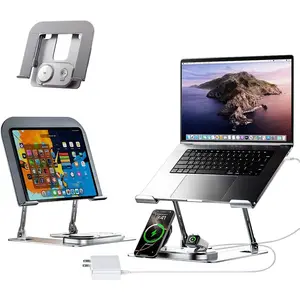 Adjustable Laptop Stand with  Charger, 3-in-1  Station for Phone and Watch,   Notebook Riser with LED Light, Qi2   (Silvery)