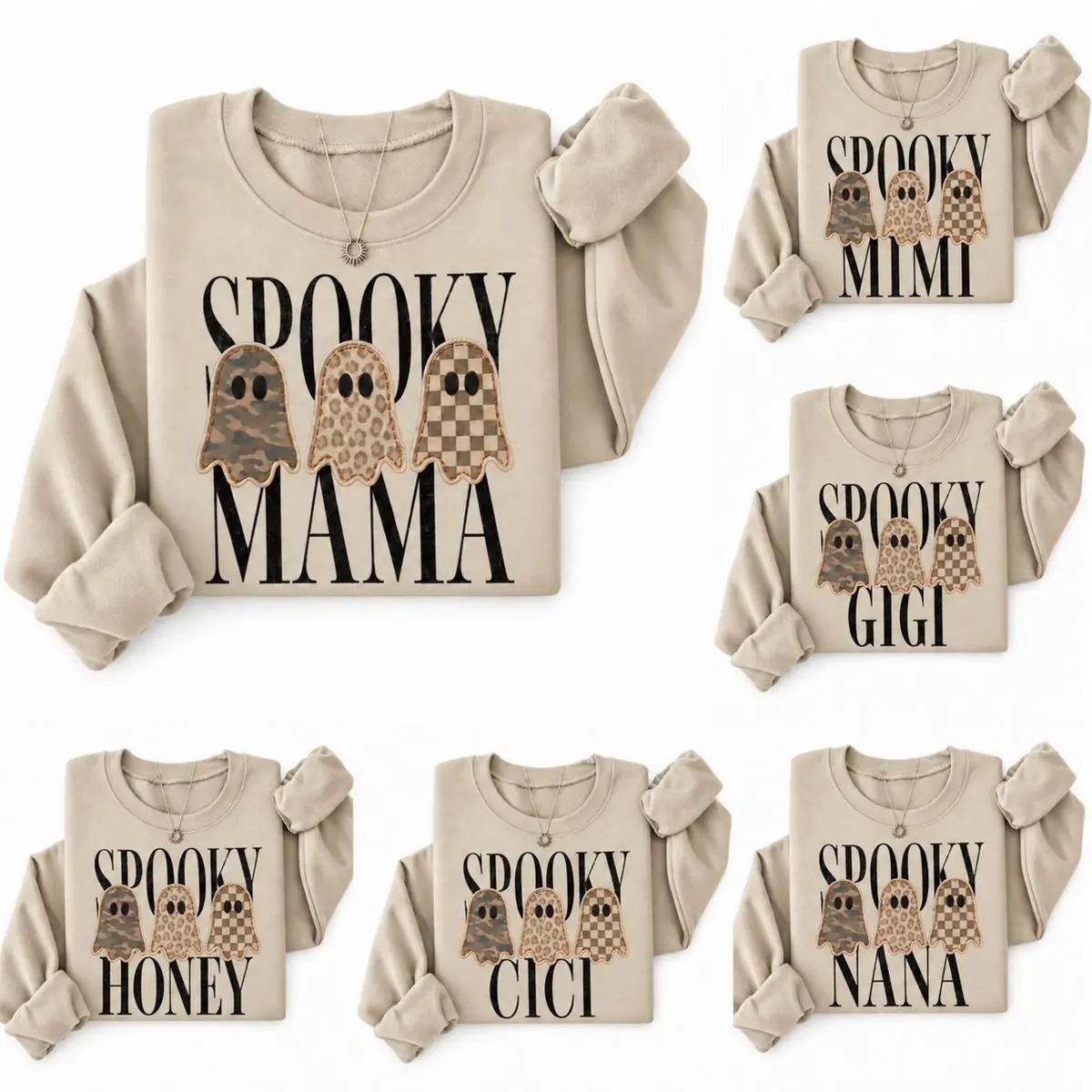 Personalized Family Name Halloween Sweatshirt, Sand Color Spooky Ghost Graphic Crewneck, Custom Mama Mimi Gigi Nana Shirt, Fall Halloween Gift Fall Vibes