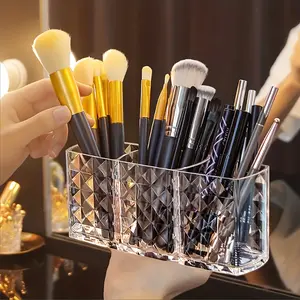 Acrylic Makeup Brush Holder Stand, 3 Slot Cosmetic Organizer Display Rack, Storage Box & Pen Holder, Makeup Tool Organizer for Desk Drawer Organization