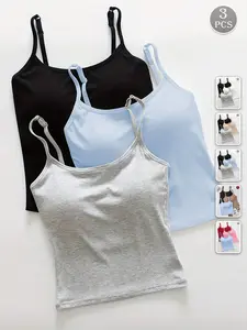 AESS 3 Pack Ribbed Crop Top With Padded Bra Skinny Fit Workout Athleisure