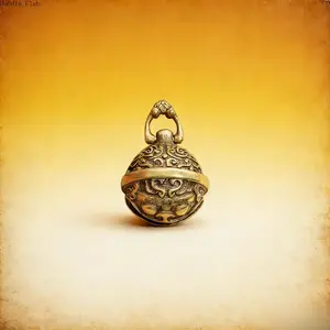 Brass Taotie Hollow Bell Pendant, Vintage Style Copper Alloy Hanging Charm, Antique Lucky Coin Bell Ornament, Feng Shui Inspired Keychain & Bag Accessory, Decorative Retro Pendant for Car Mirror, Home Decor & Daily Carry Gift Item