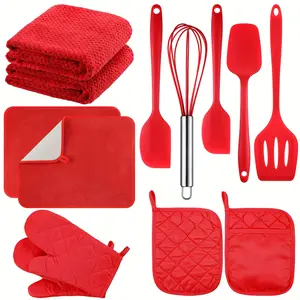 12 Pcs Kitchen Accessories Set Including Silicone Cooking Utensils Set, Cotton Oven Mitts and Pot Holders, Kitchen Towels, Dish Drying Mat for Kitchen Baking Cooking Grilling (Red)