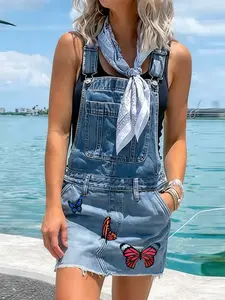 Women's Denim Backless Dress Loose Casual Sleeveless Printed Butterfly Sundress, Womenswear, Spring & Fall Fashion, Size Up One Code