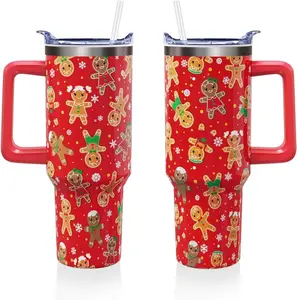 40oz Stainless Steel Double-Walled Insulated Portable Tumbler - Christmas Gingerbread Theme Water Bottle with Lid, Handle, Straw, Winter Holiday Travel Mug Gift for Adults (1PC), Insulation