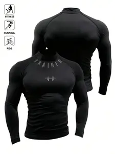 Men's Compression Training Shirt, High-Neck Long-Sleeve Trainer Graphic Top, Quick-Dry & Elastic, Ideal for Fitness, Running, Gym Wear
