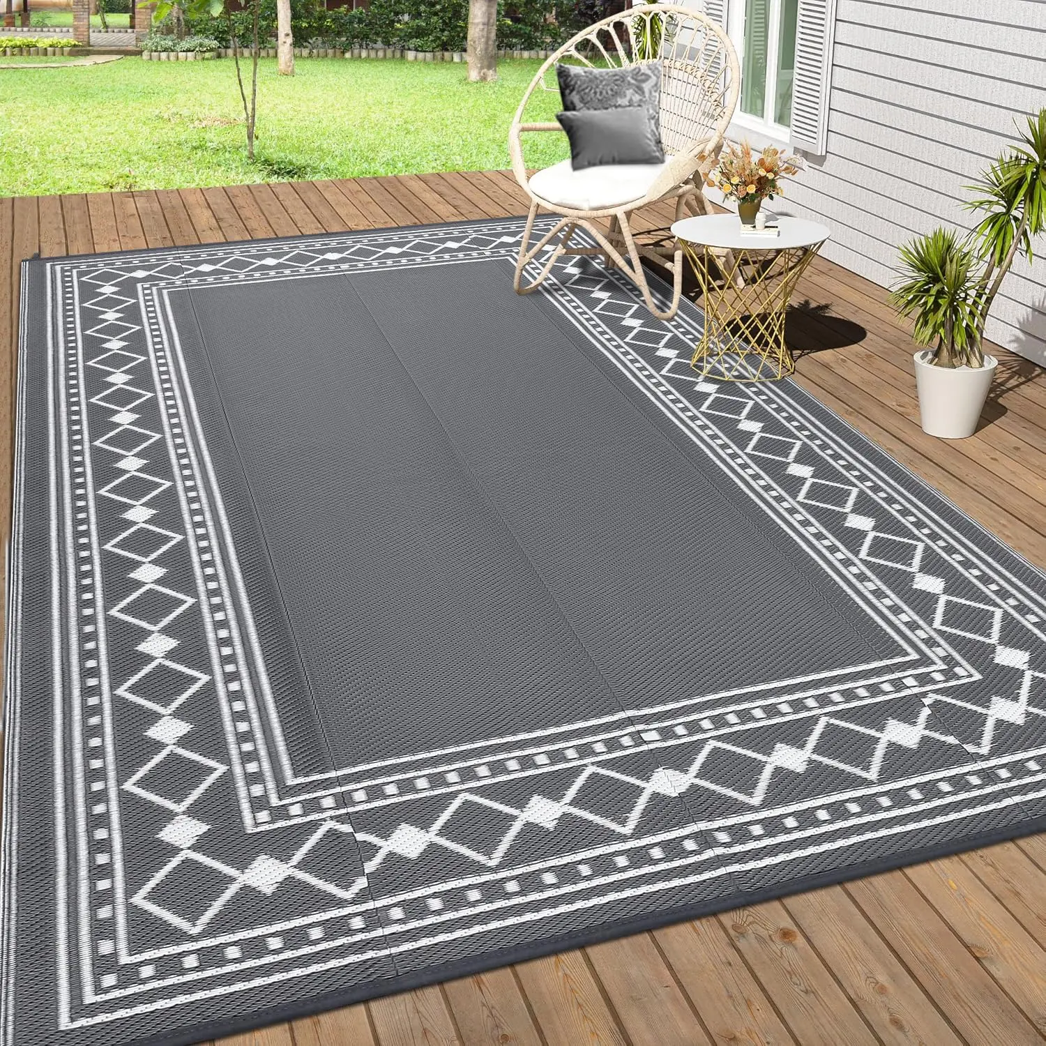 GARVEE 8x10 Outdoor Rug - Waterproof Plastic Straw Patio Mat, Grey Reversible Design with Foldable Border, Includes Storage Bag, 4 Stakes, Ideal for Deck, Garden, Camping