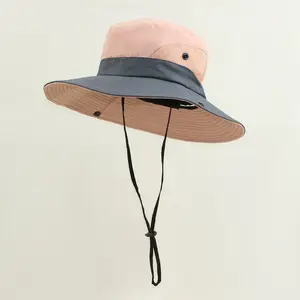 Pink Wide Brim Sun Hat with Neck Flap - Trendy Breathable Mesh Panel Bucket Visor Hat with Adjustable Drawstring & Chin Strap, Lightweight Quick Dry UV Protection Cap for Women, Perfect for Beach Hiking Fishing Summer Vacation & Daily Outdoor Activities