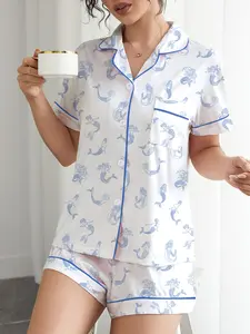 Women's Mermaid Pattern Sleepwear Set, Casual Ocean Style, Short Sleeve Top & Elastic Shorts, Spring Fall Wearable Home Clothes