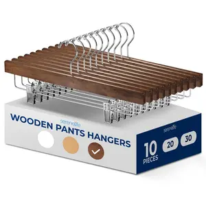 10 Pack Wooden Pants Hangers – Retro Brown | Adjustable Non-Slip Clips & 360° Swivel Hook – Space Saving Closet Organizer for Jeans, Slacks, Skirts & Shorts – Everyday Use Household Essentials