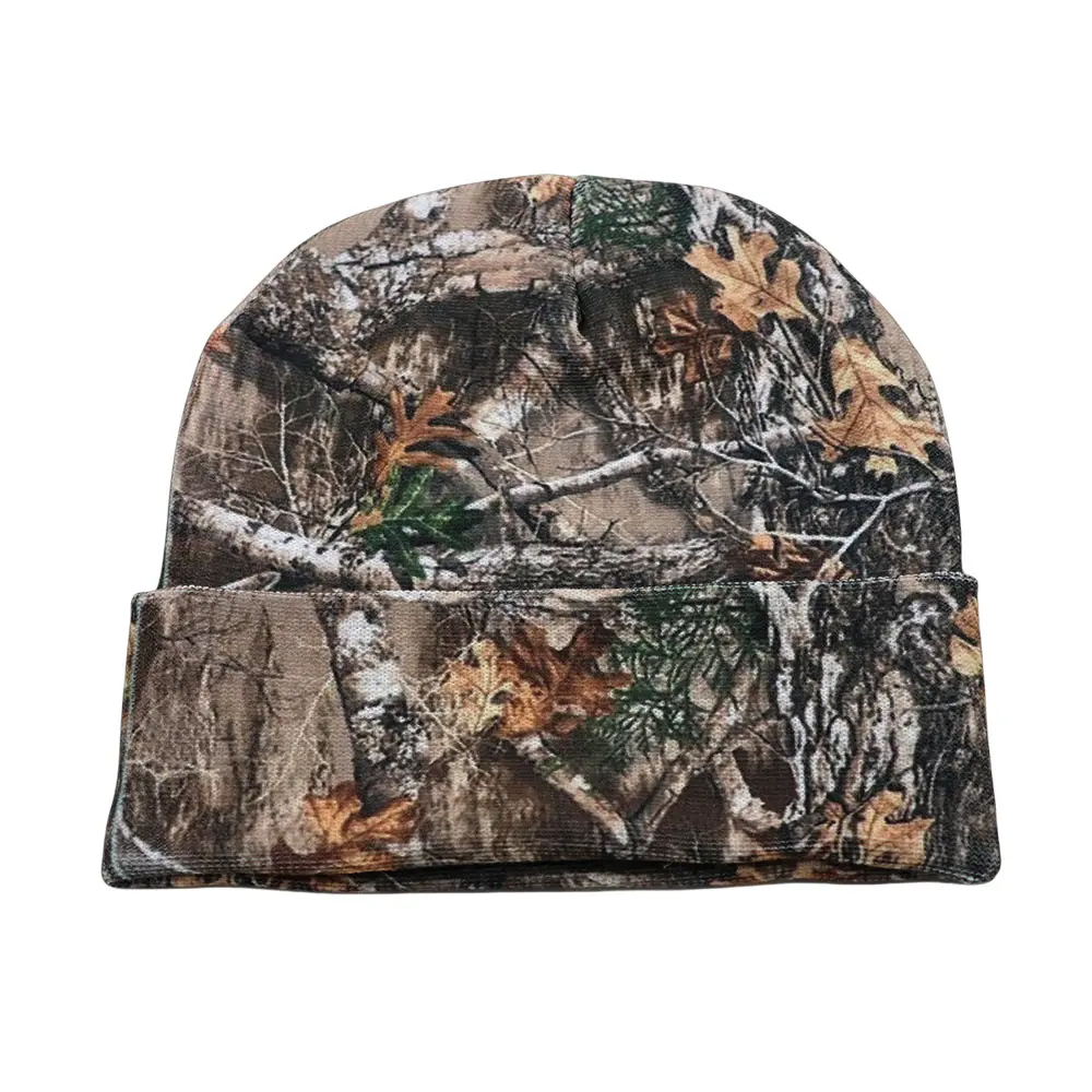 Jungle Leaf Camo Print Cuffed Beanie Hat, Winter Warm Knitted Skull Cap, Outdoor Windproof Hunting Beanie for Men Women