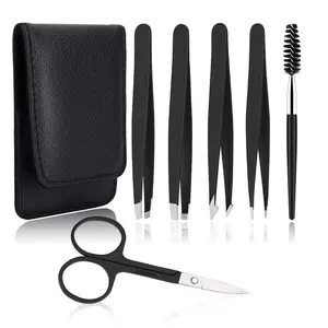 6-Piece Professional Stainless Steel Precision Industrial Tweezers Set, Hair Removal Tool for Eyebrows, Splinters, Daily Use, with Travel Pack, Black