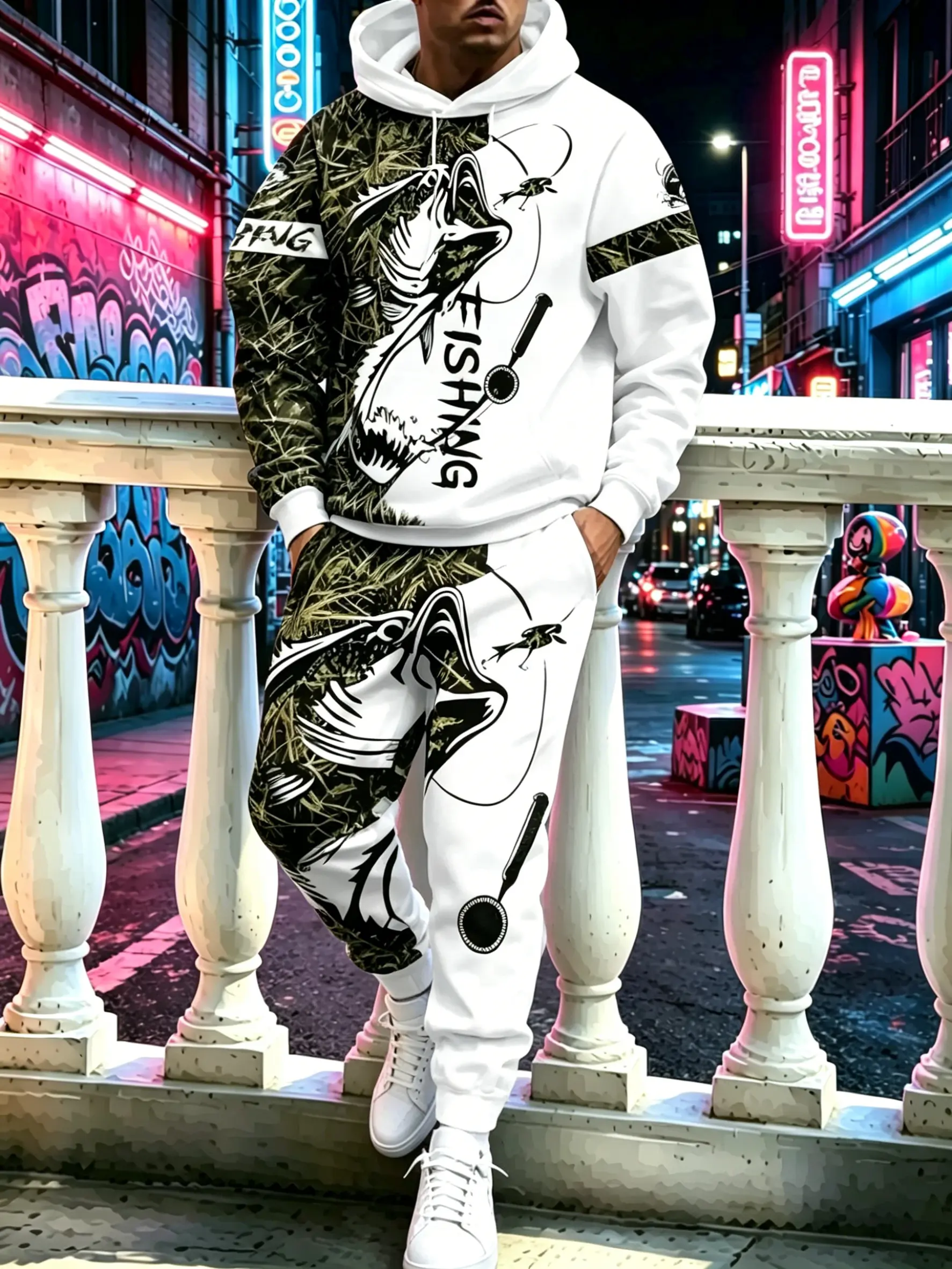 Men's 2-Piece 3D Bass Fishing Print Hooded Longsleeves Sweatshirt & Jogger Pants Set, Casual Relaxed Fit Polyester Streetwear Activewear for Multi-Season Daily Use