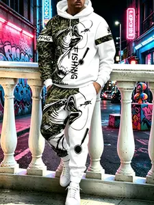 Men’s 3D bass fishing print hooded sweatshirt and jogger pants set, casual streetwear activewear, everyday wear for all seasons