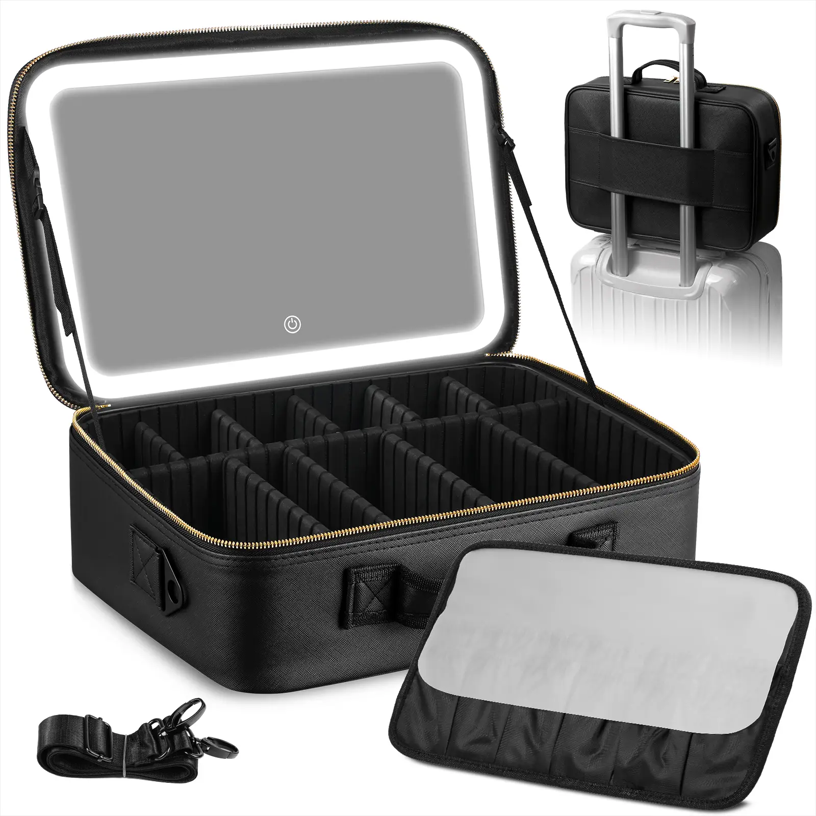 Large Capacity Makeup Bag Case Organizer with LED 3 Color lighted up mirrior, Travel Cosmetic Train Bag, Adjustable ledlight withmirror makeupbox